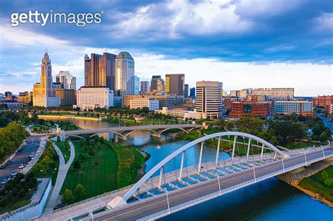 Aerial View Of Downtown Columbus Ohio With Scioto River During Sunset