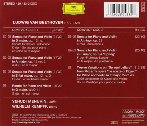 Beethoven The Complete Violin Sonatas Vol I Wilhelm Kempff Yehudi