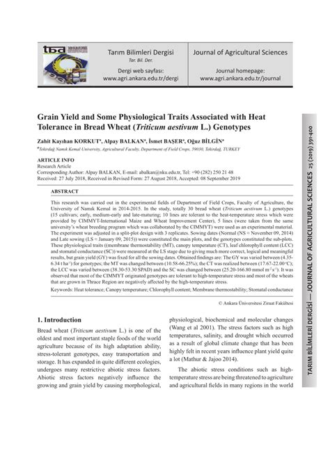 PDF Grain Yield And Some Physiological Traits Associated With Heat