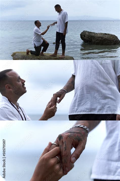 Sequence Of Photos Of A Man Asking His Gay Partner To Marry Him In The Sea Stock Photo Adobe Stock