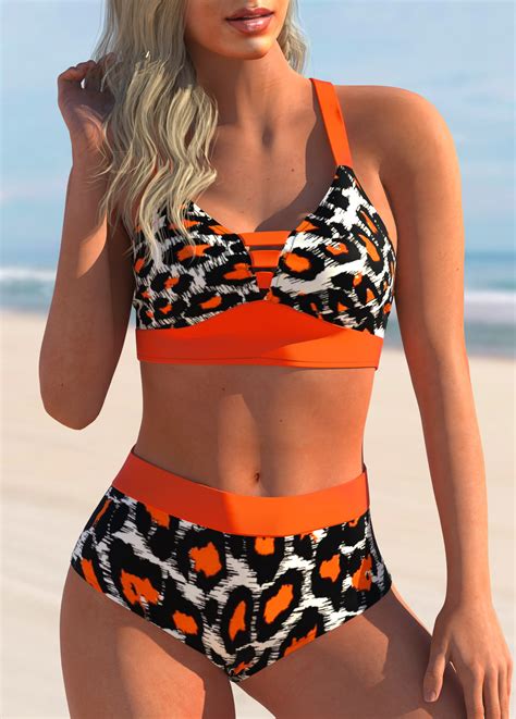 ROTITA Criss Cross Back Leopard High Waisted Bikini Set Rotita