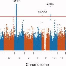 Manhattan Plot For The Meta Analysis Genome Wide Log P Values Fixed