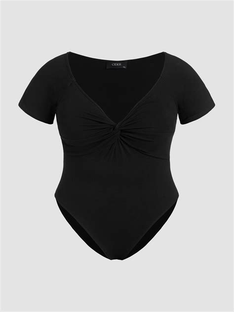 Knit Fabric V Neck Solid Twist Ruched Bodysuit Curve And Plus For Daily