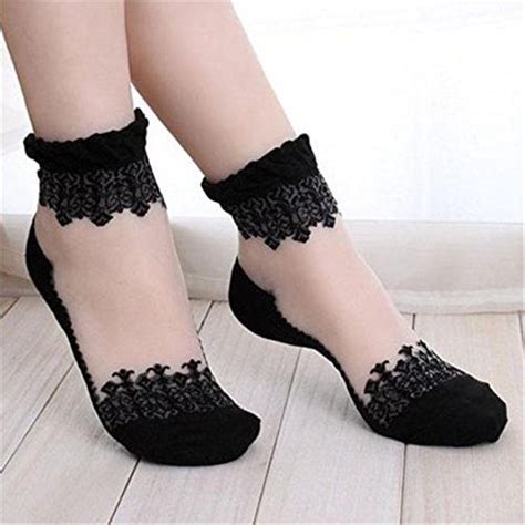 Ulaky Women Black Lace Ruffle Ankle Socks Women Ultrathin Sheer Silk