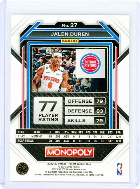 Panini Monopoly Prizm Jalen Duren Base Rookie Rc Pistons Ebay