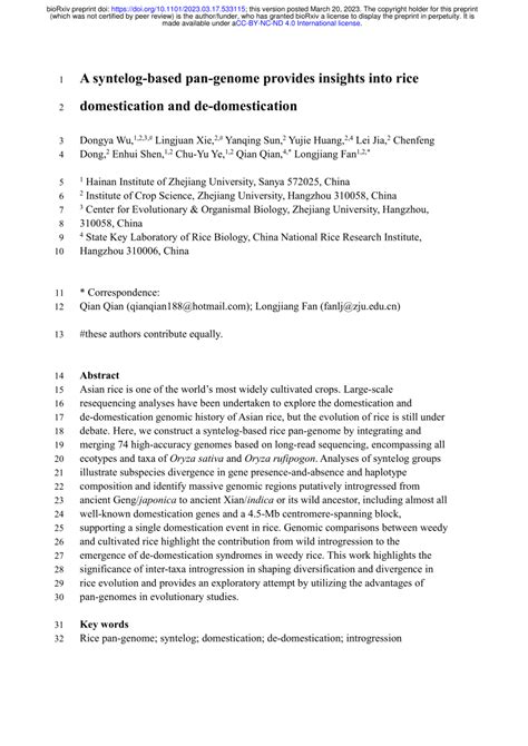 PDF A Syntelog Based Pan Genome Provides Insights Into Rice