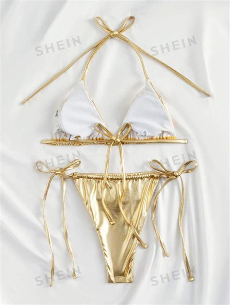 SHEIN Swim Summer Beach Metallic Bikini Set Halter Micro Triangle Bra