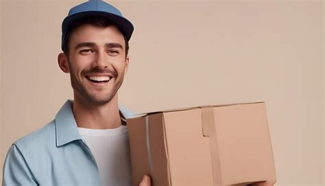 Premium Photo Smiling Delivery Man In Cap Holding Parcel Box Isolated