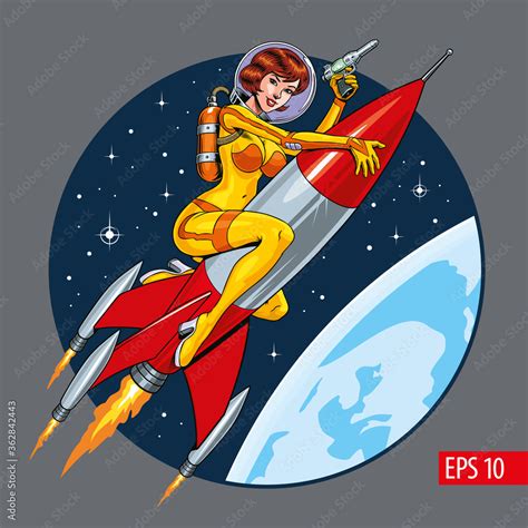 Attractive astronaut woman riding a rocket or missile. Vintage sci-fi ...