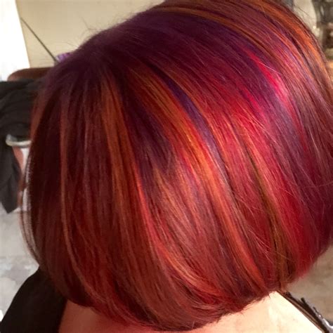 A Delicious Blend Of Purple Red Orange And Blue Wine Hair Color Wine Hair Hair Color