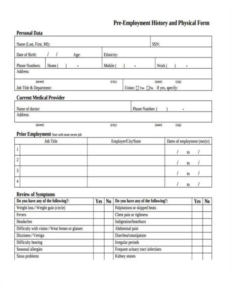 Employment Printable Blank Physical Form