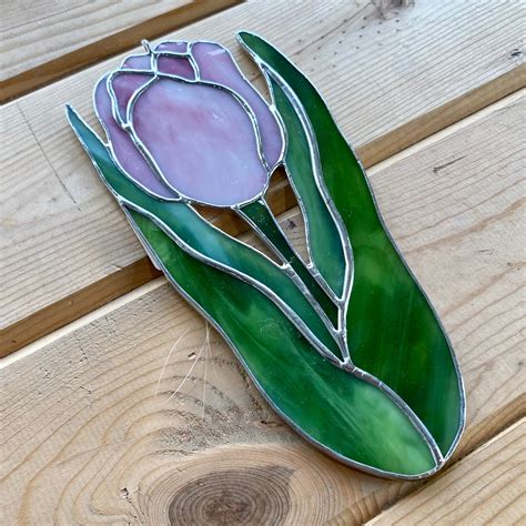 Products Handcrafted Stained Glass Tulip Flower Suncatcher In Pink