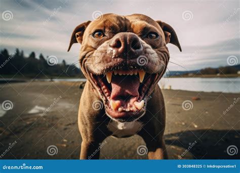 An Angry Aggressive Pit Bull Terrier Type Dog Snarling At The Camera