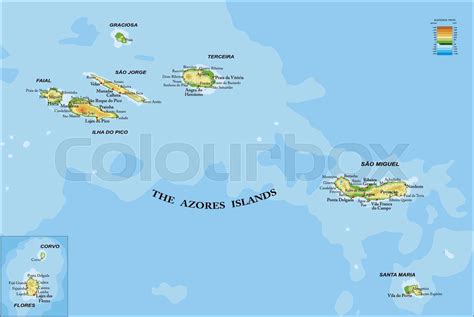 Azores islands hyghly detailed physical map | Stock vector | Colourbox