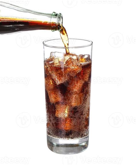 Bottle Pouring Coke In Drink Glass With Ice Cubes Isolated Stock