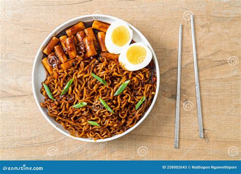 Jjajang Rabokki Korean Instant Noodles Or Ramyeon With Korean Rice