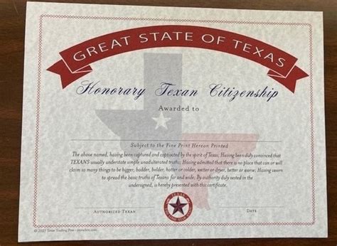 Honorary Texan Citizenship Certificate of the Great State of Texas ...