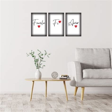 Kit 3 Placas Quadros Decorativos Família Fé Amor Quarto Sala