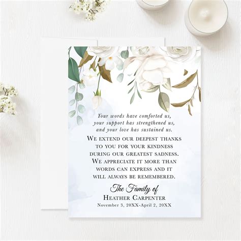 Personalized Funeral Thank You Cards With White Envelopes, White Floral