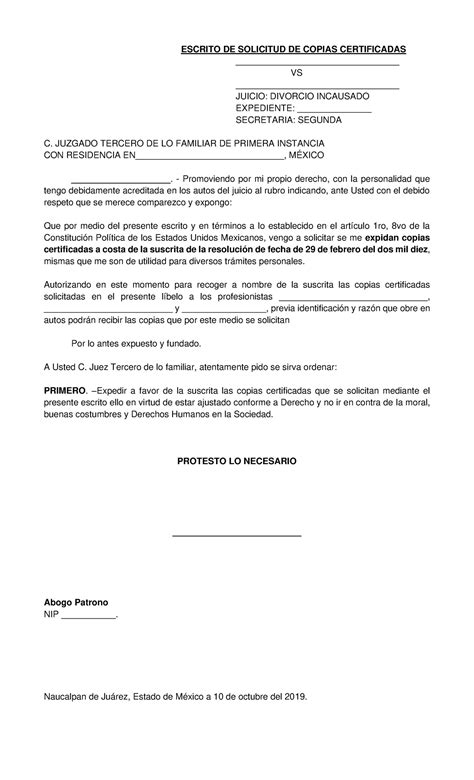 Solicitud De Copias Certificadas Escrito De Solicitud De Copias