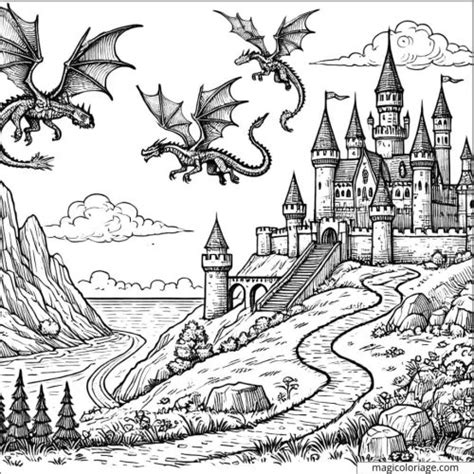 Coloring Fantasy Landscape With Dragons And Castles