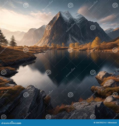 AI Generated Illustration of a Serene Mountain Lake Nestled Amidst