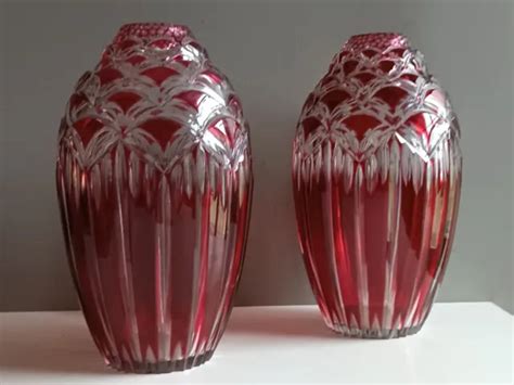 Cristal Taille Val Saint Lambert Paire De Vase Ovoide Rouge Rubis Kgs