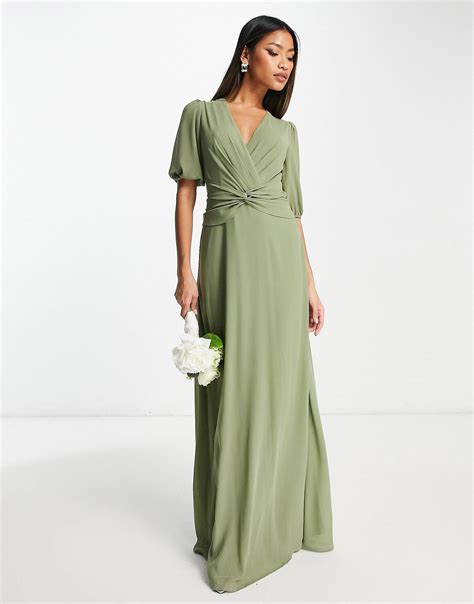 TFNC Bridesmaid wrap front maxi dress in dusky sage green | ASOS