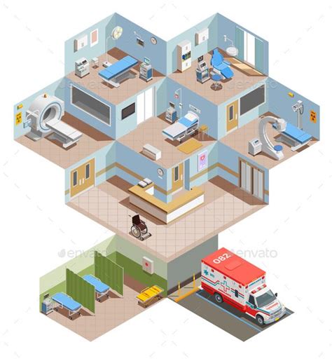 Medical Equipment Isometric Composition With Elevation View Of Hospital