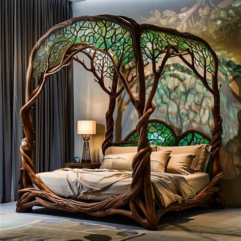 Twilight Tranquility: Moonlit Forest Canopy Beds with Stained Glass ...