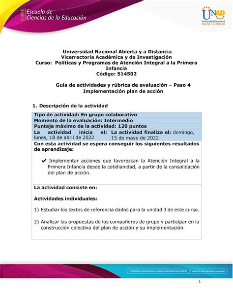 Guía De Actividades Y Rúbrica De Evaluación Unidad 3 Paso 4 Implementación Plan De Acción