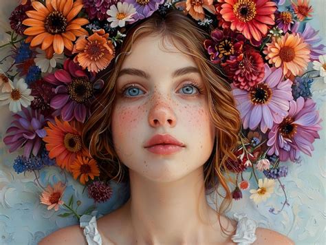 A Woman With Flowers On Her Head And The Word Freckles On Her Face