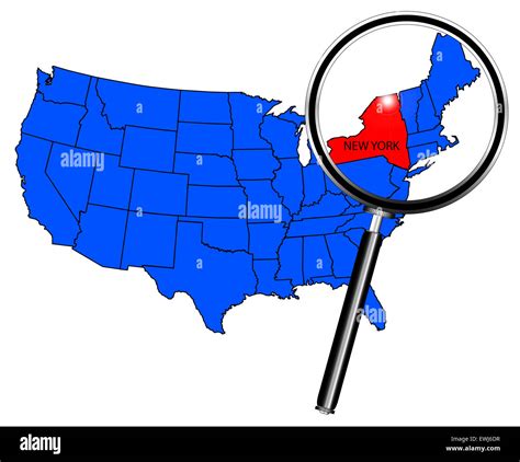 Mapa De Los Estados Unidos De América Con El Estado De Nueva York En Rojo Bajo Una Lupa