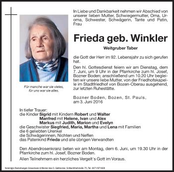 Traueranzeigen Von Frieda Winkler Trauer Bz