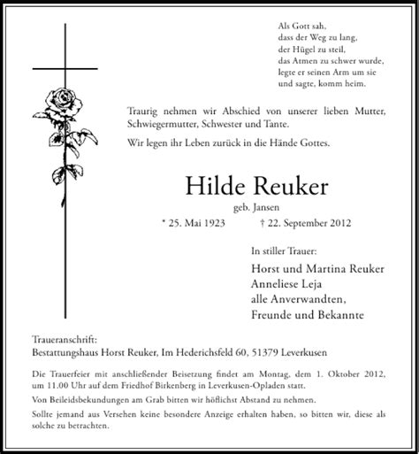 Alle Traueranzeigen für Hilde Reuker trauer rp online de