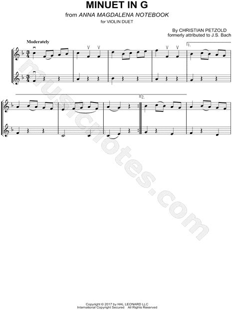 Johann Sebastian Bach Minuet In G Major Violin Duet Sheet Music In