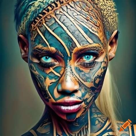 Surreal Abstract Depiction Of A Cyborg African Face With Tribal Tattoos