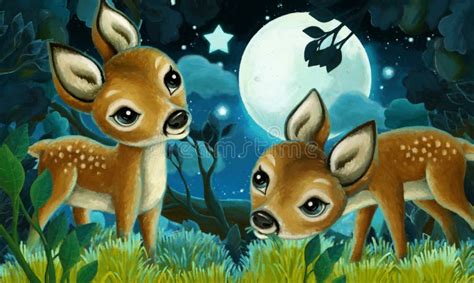 Cartoon Scene with Different Animals in the Forest by Night ...