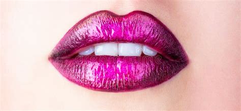 Plump Lips Nude Lipstick Close Up Perfect Natural Lip Makeup Beautiful Female Mouth Stock Image