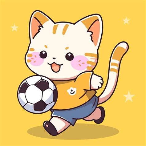 Gato fofo jogando bola de futebol mascote de desenho animado ilustração