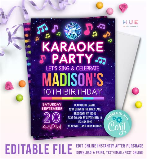 Glow Karaoke Party Birthday Invitation Instant Download Bright Rainbow Neon Colors Singing Music