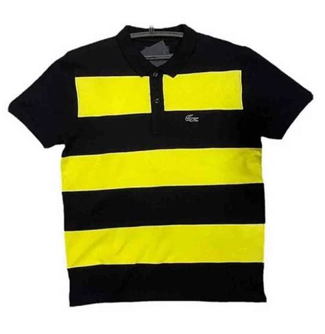 Black And Yellow 170 GSM Men Striped Cotton T Shirt Polo Neck At Rs