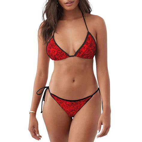 Salouo Red Rose Pattern Women S Sexy Bikini Set String Two Piece