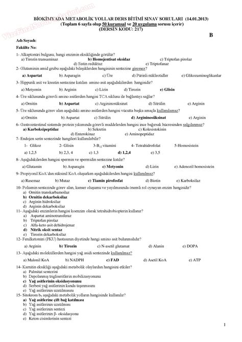 Biyokimyada Metabolik Yollar Final Sorular B Grubu Vize Ve