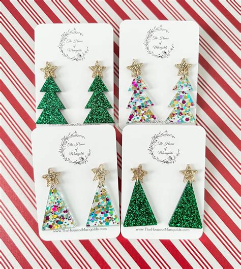 Glitter Tree Dangle Earrings Christmas Tree Earrings Christmas Earrings ...