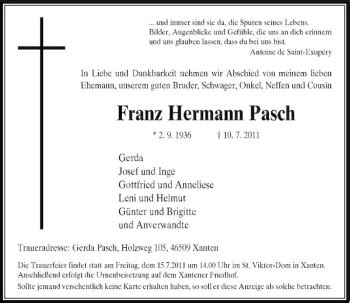 Alle Traueranzeigen für Franz Hermann Pasch trauer rp online de