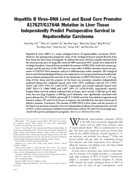 Pdf Hepatitis B Virus Dna Level And Basal Core Promoter A1762t G1764a