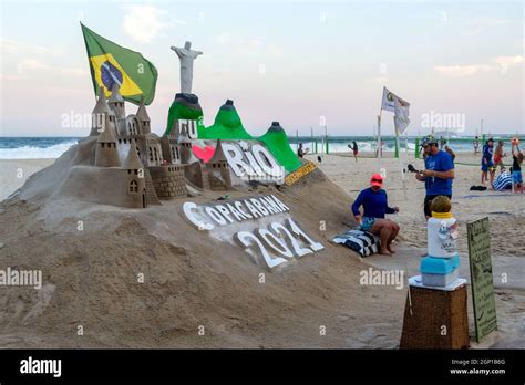 A traditional castle sand sculpture in the Copacabana beach in Rio de ...