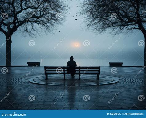 A Person Sitting On A Bench In Front Of A Body Of Water Stock