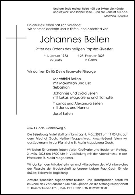 Alle Traueranzeigen F R Johannes Bellen Trauer Rp Online De